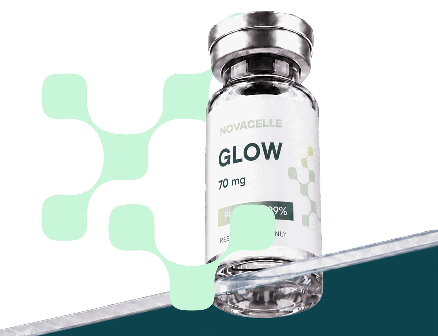 Vial de NOVACELLE GLOW 70 mg con pureza superior al 99%